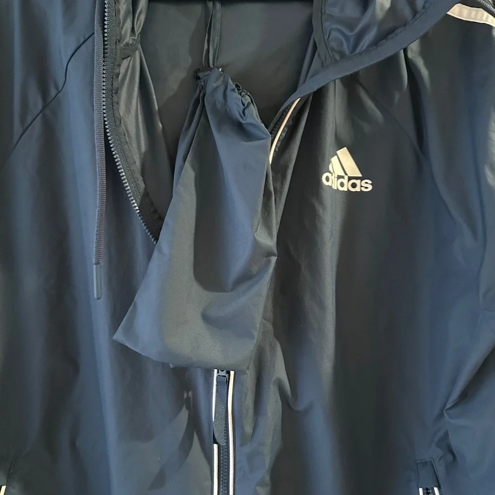 Adidas Lightweight Hooded‎ Windbreaker Jacket Navy Blue White Stripes w/ Pouch